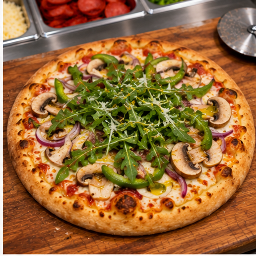 16" Extra-Veggie Pizza sitting on cutting board