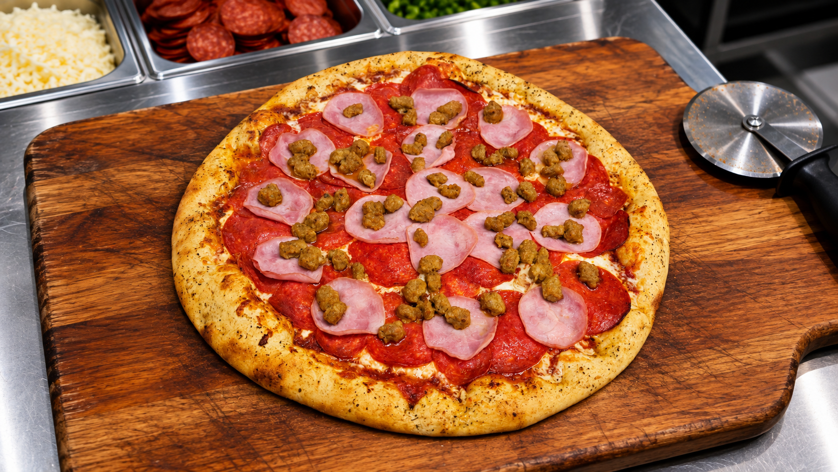 16" All-Meat Pizza sitting on cutting board