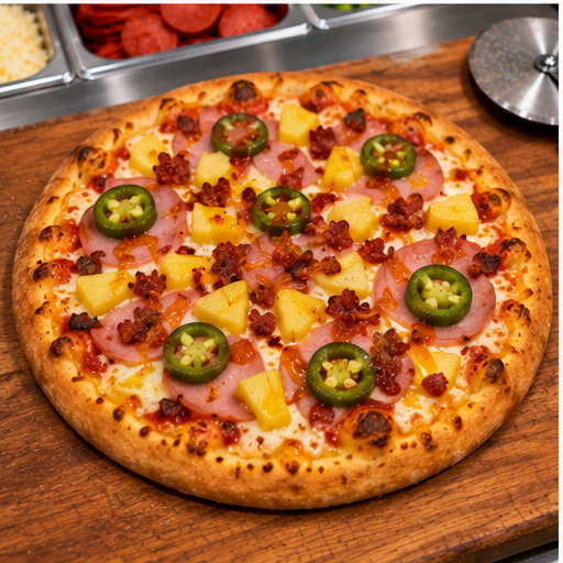 16" Hot Hawaiian Pizza sitting on cutting board