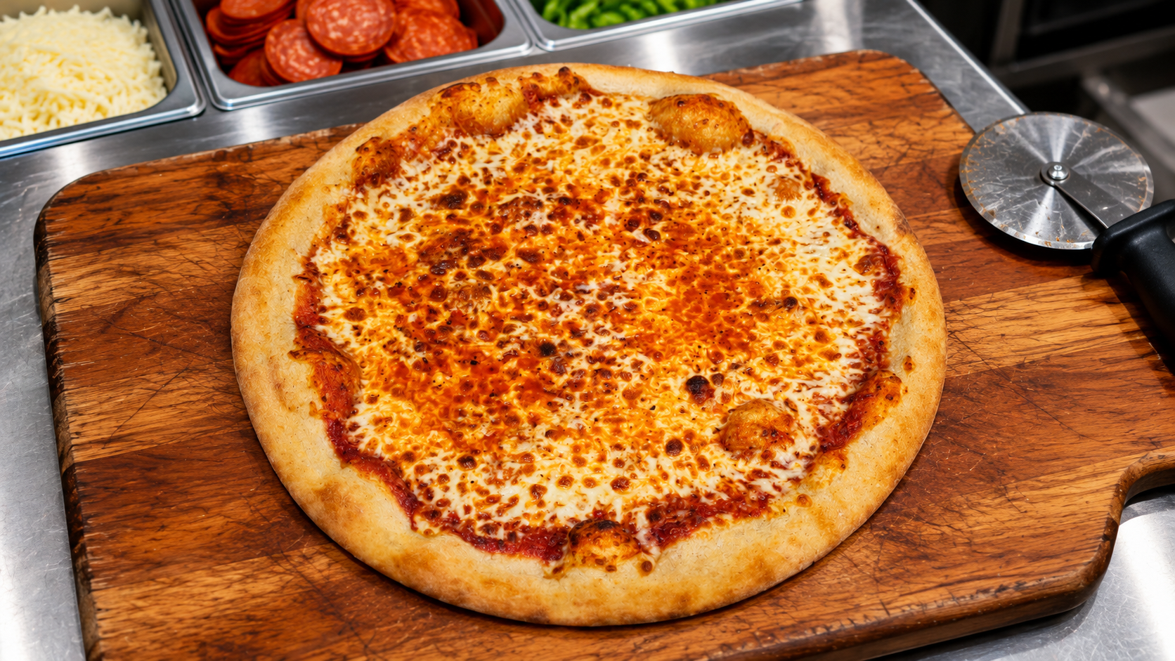 16" Cheese Pizza sitting on cutting board