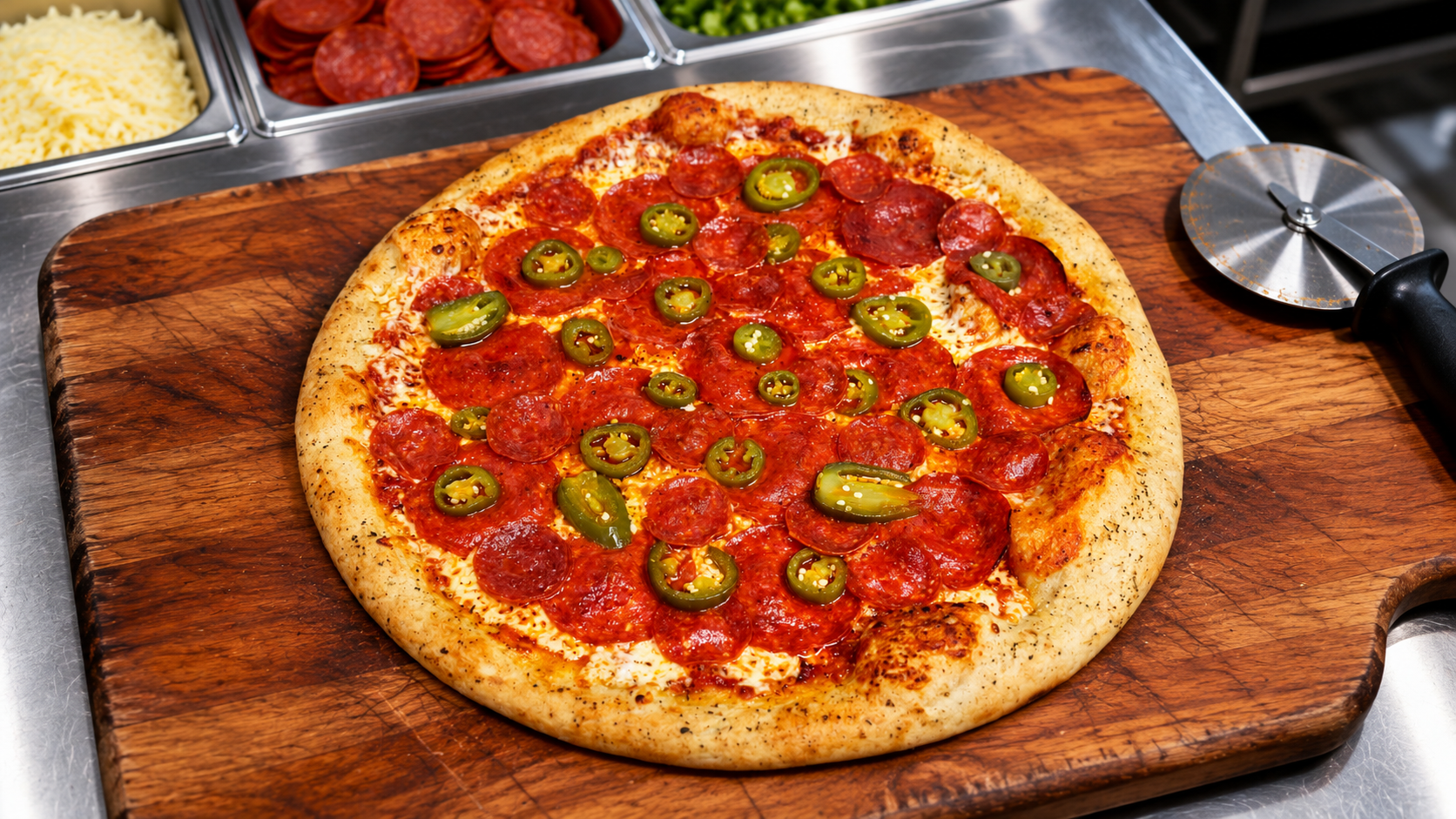 16" Jalapeno Pizza sitting on cutting board