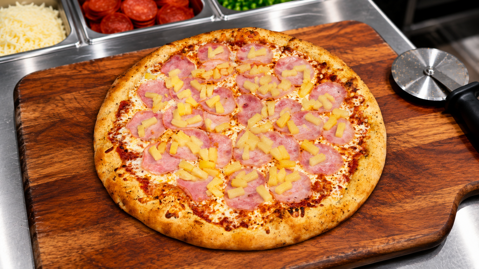 16" Hawaiian Pizza sitting on cutting board