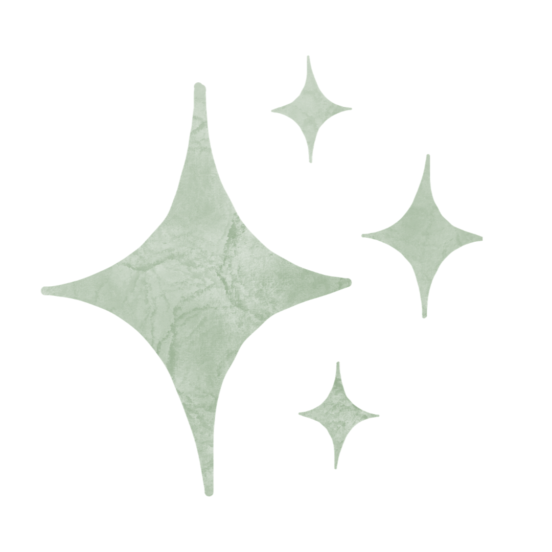 Four sparkling star-shaped icons with a shiny, textured appearance in a light green color.