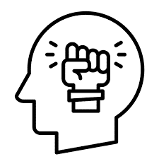 Outline of human head with a fist inside, symbolizing mental strength or resolve.