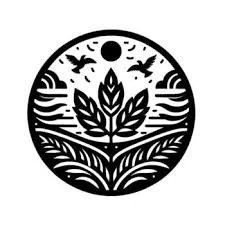 Black and white circular logo featuring a plant in the center, with water, birds, and a moon in the background.