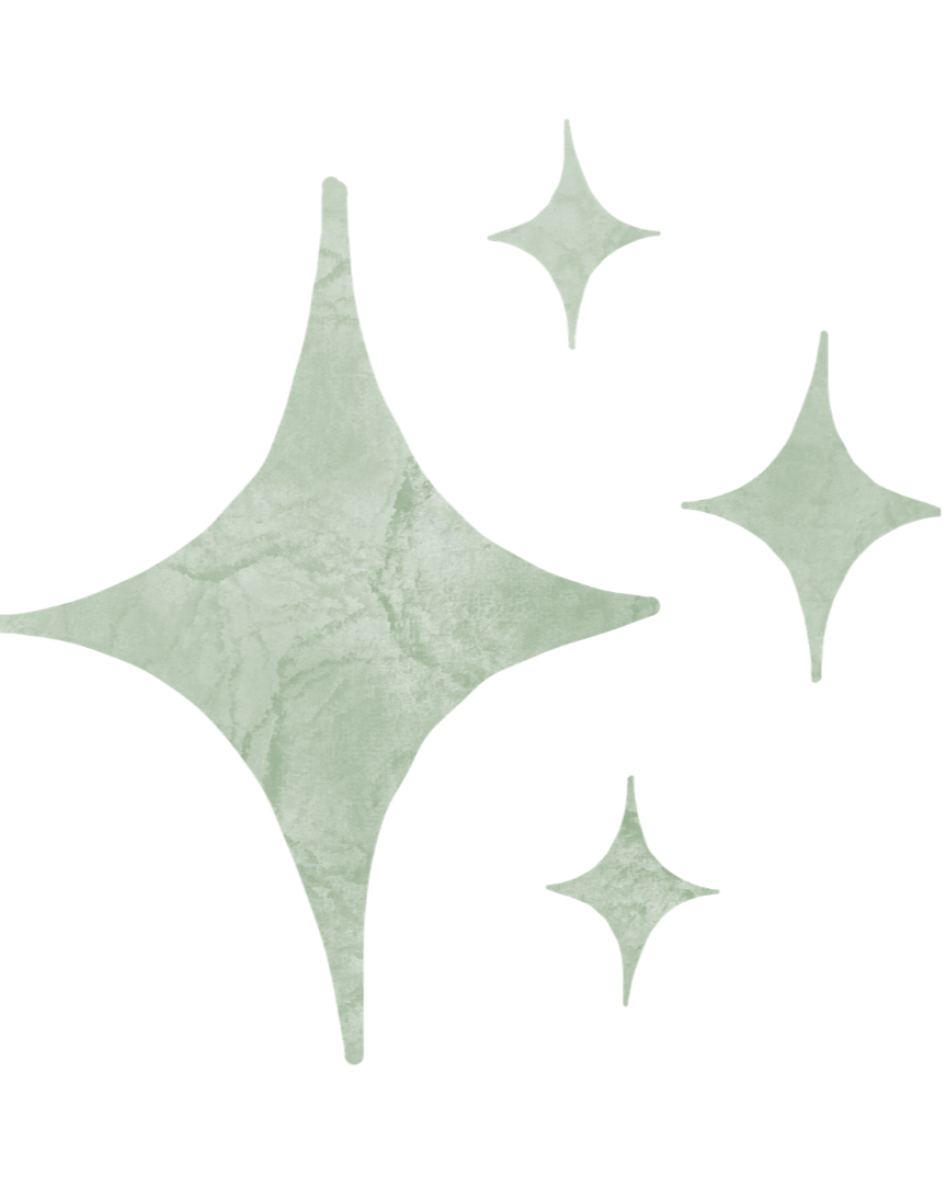 Several sparkling star-shaped icons in shades of pale green and white.