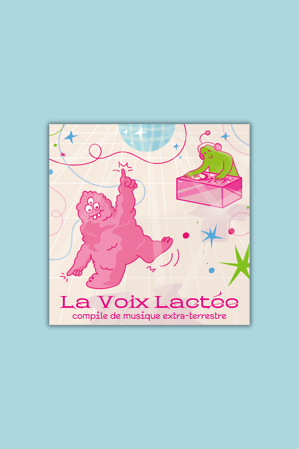 Pochette de vinyle illustrée rose et galette vert fluo La Voix Lactée par L'Atelier d'Ax.png