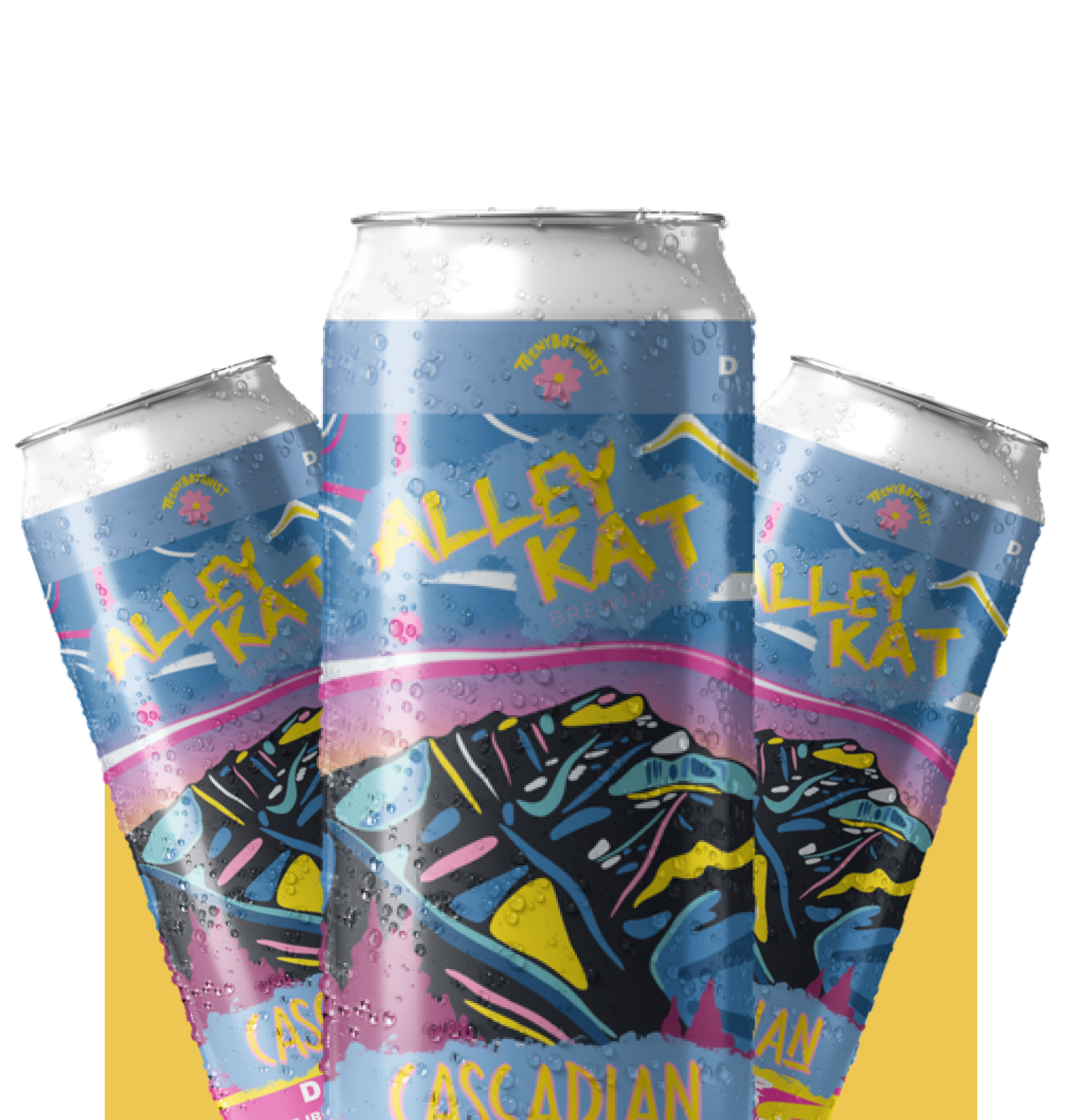 Alley Kat Brewing Cascadian Dark Ale cans with Teenybotanist mountain artwork