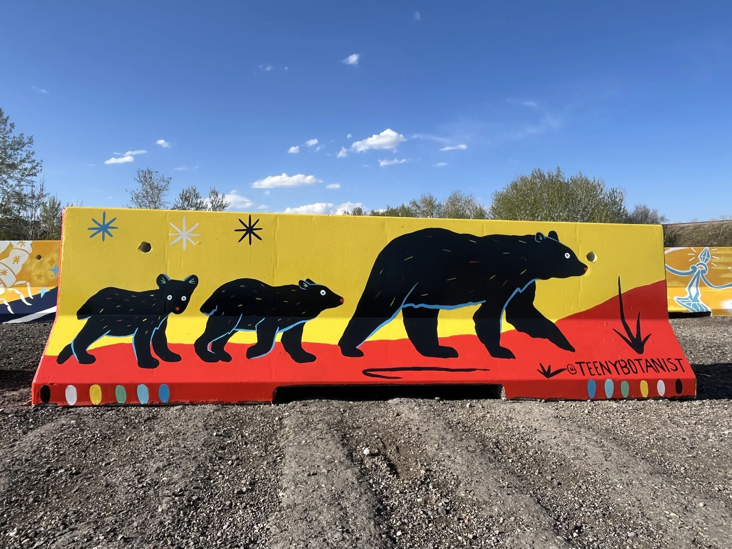Jersey barrier with walking bears on yellow, BUMP Road Works by Teenybotanist