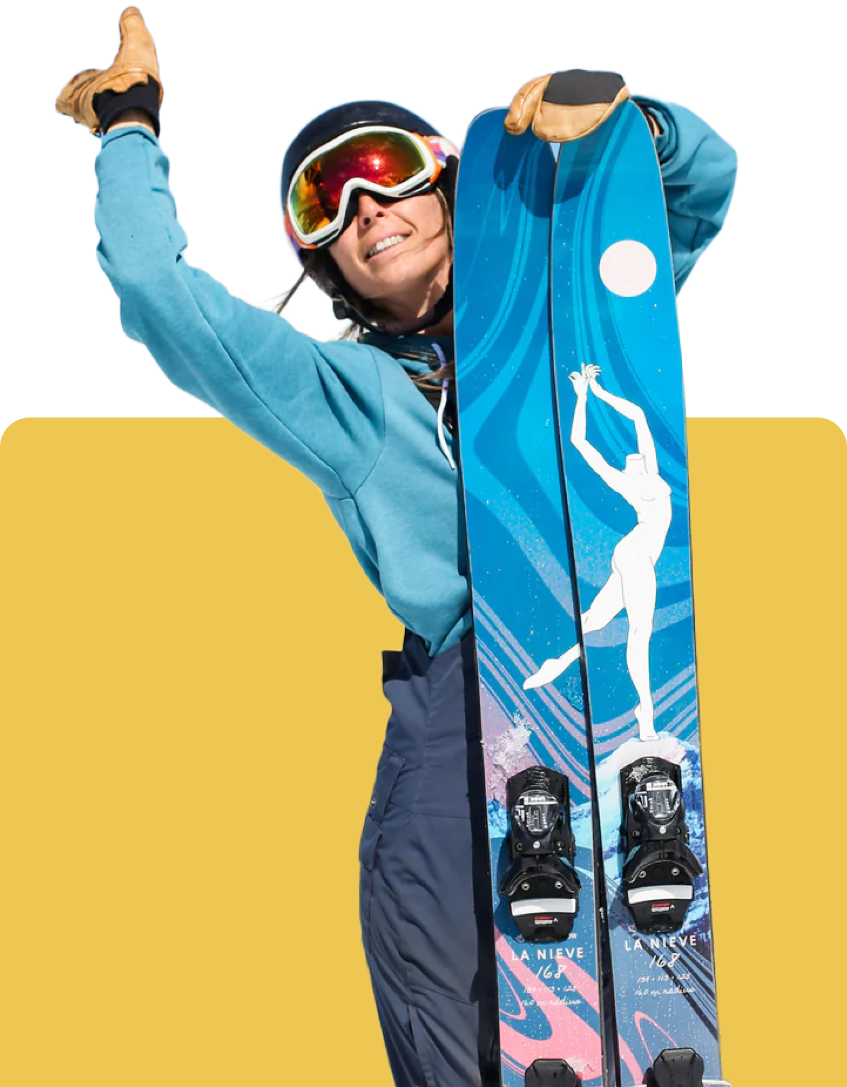 Skier holding Coalition Snow La Nieve skis with Teenybotanist topsheet art