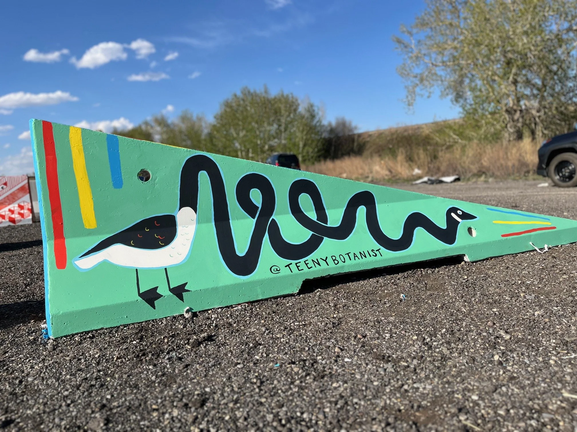 Jersey barrier with geese on green, BUMP Road Works by Teenybotanist
