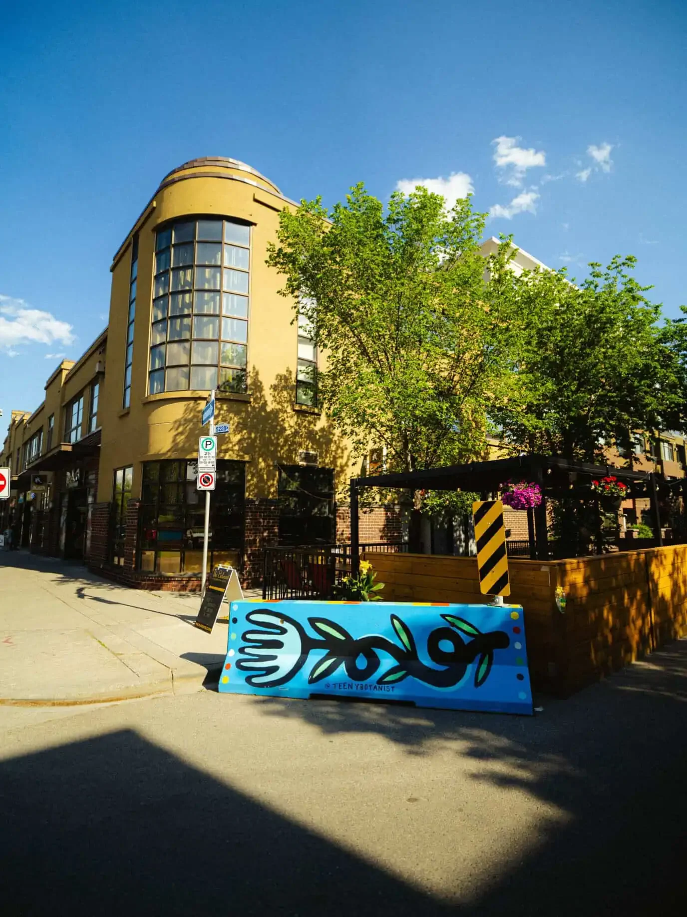 Painted jersey barriers on a Calgary street, BUMP Road Works by Teenybotanist