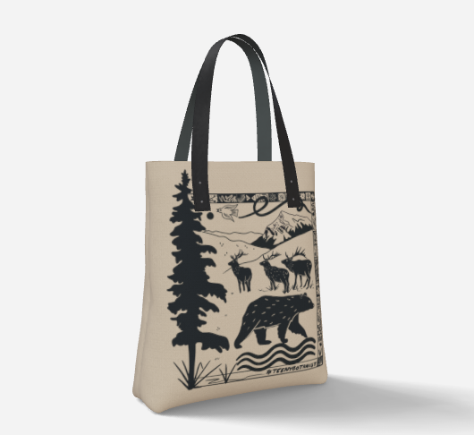 Bear and pine tree tote bag, angled view