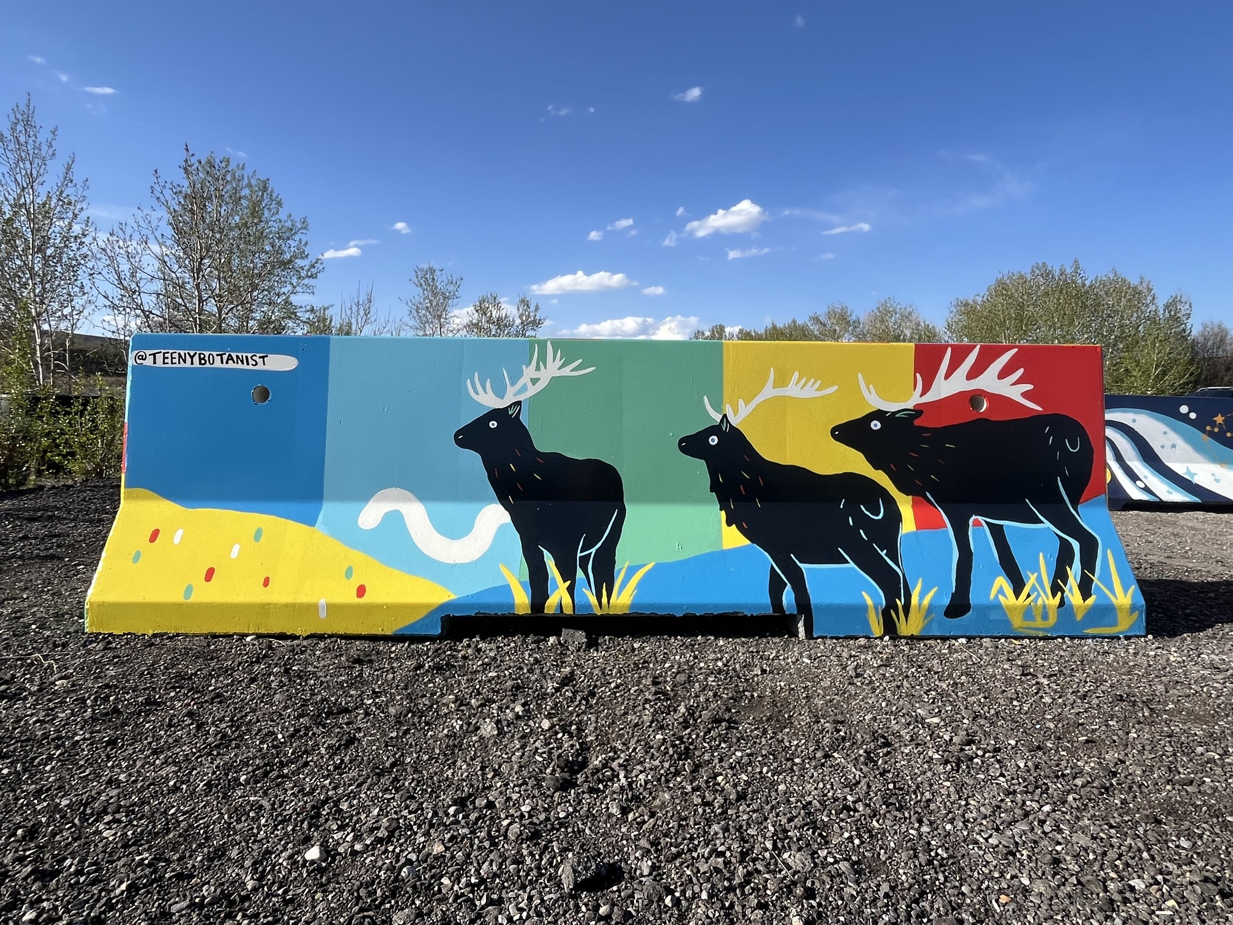 Jersey barrier painted with running wolves, BUMP Road Works by Teenybotanist