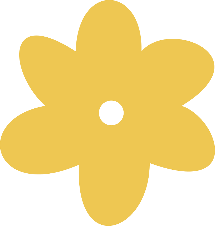 A yellow, stylized flower with six rounded petals.