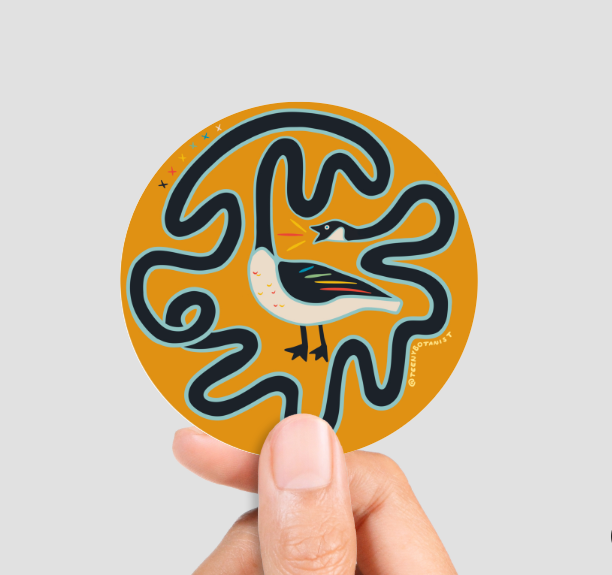 Loosey Goosey sticker by Teenybotanist, a goose on orange, held in a hand