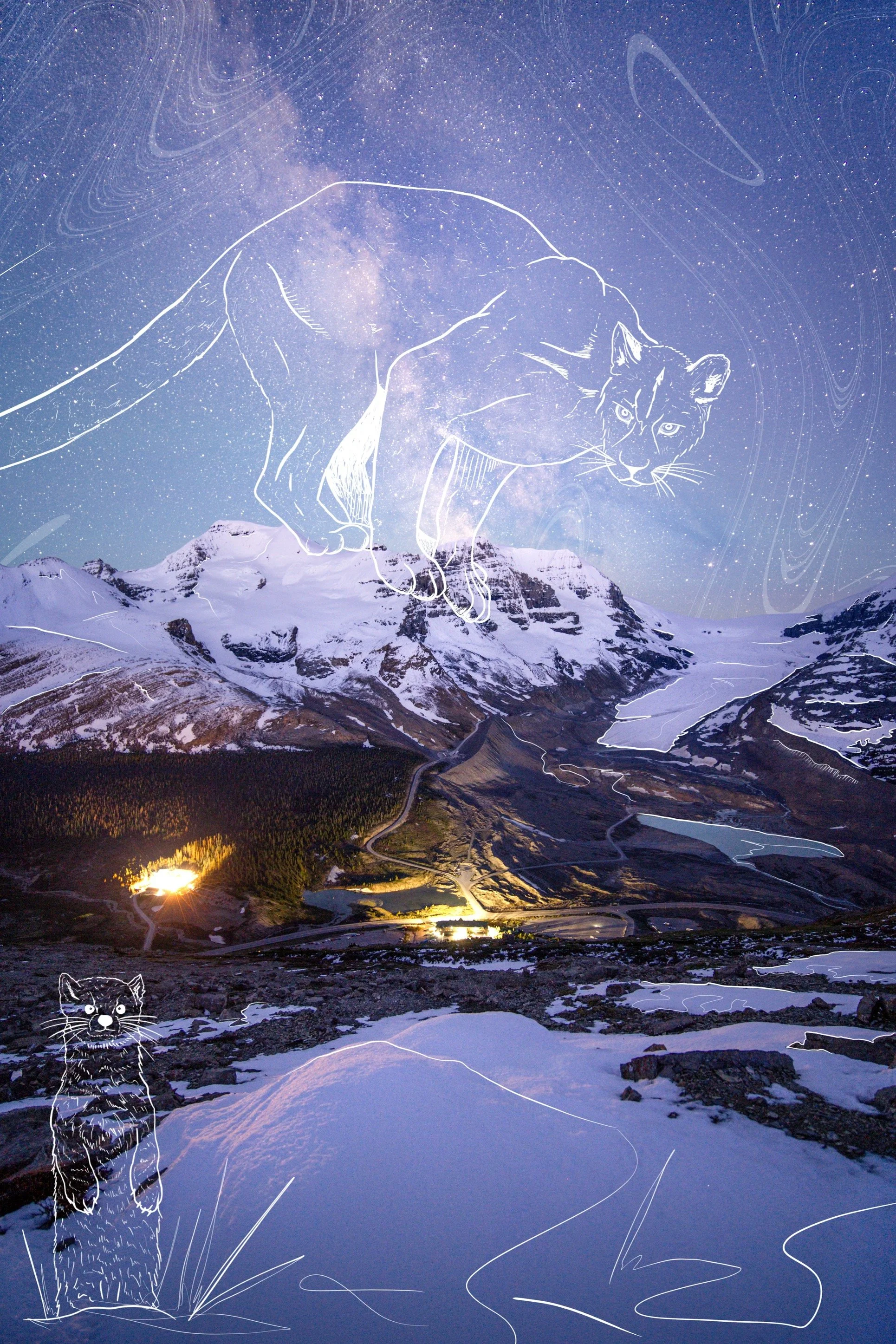 Constellations artwork: an illustrated animal in the stars over a mountain lake
