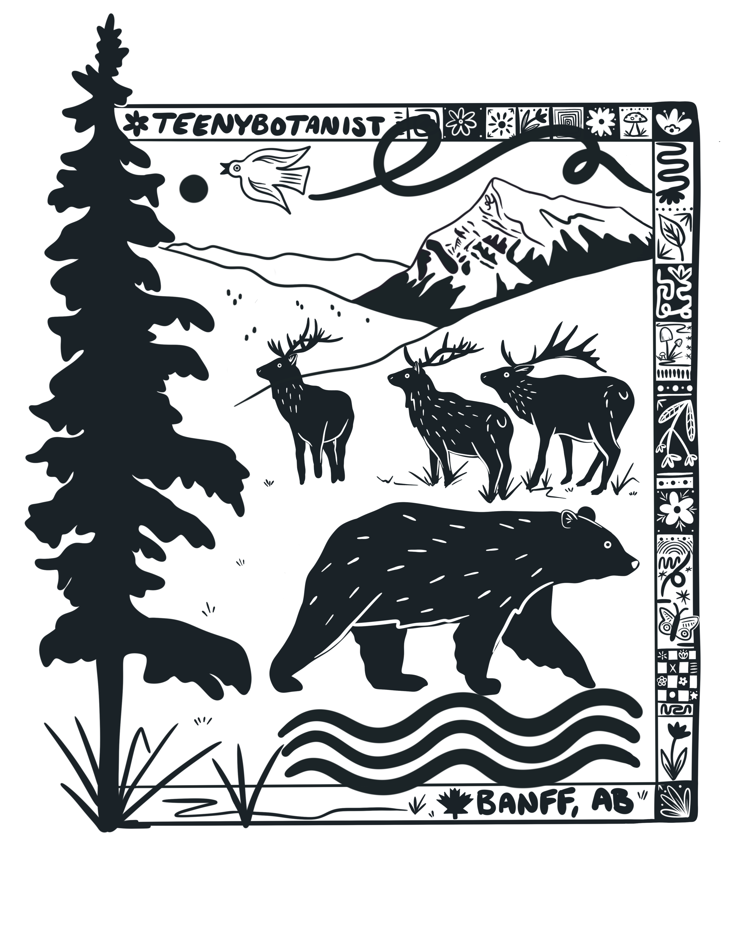 Wild Things back print artwork with a bear and pine tree