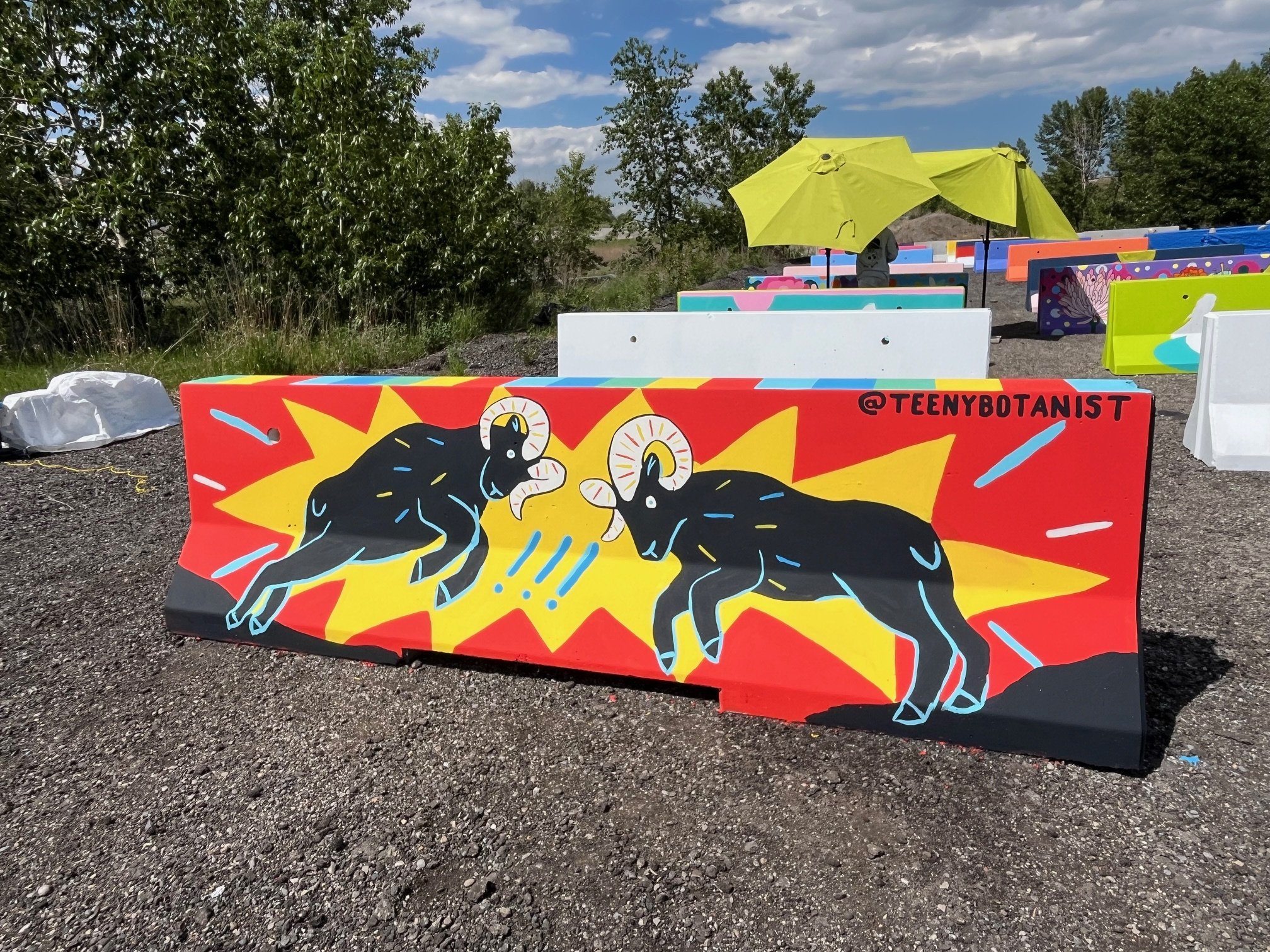 Jersey barrier with animals on pink, BUMP Road Works by Teenybotanist