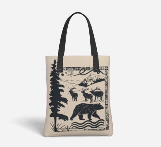 Tote bag by Teenybotanist with a bear and pine tree design