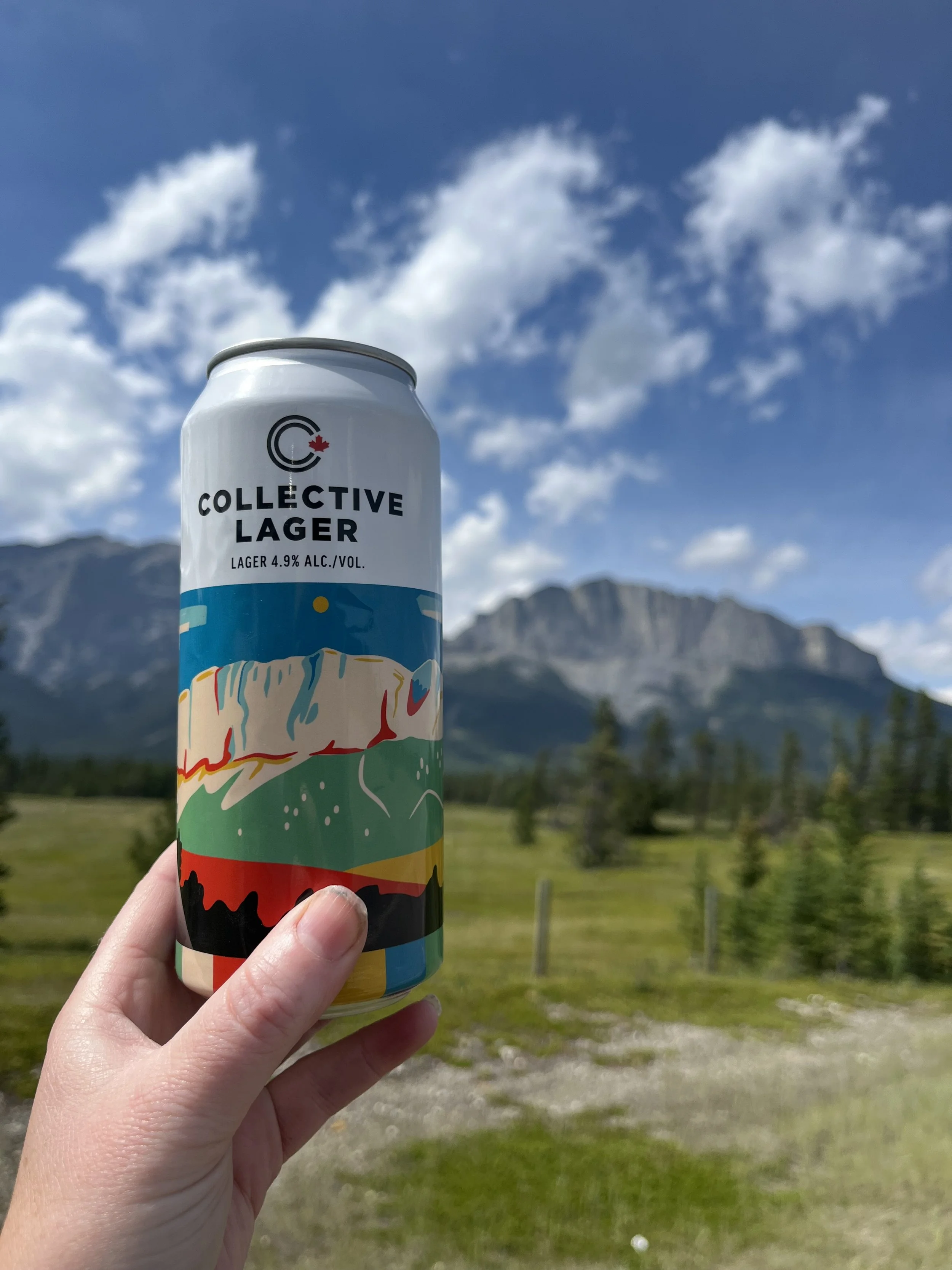 Hand holding a Collective Lager can in the mountains
