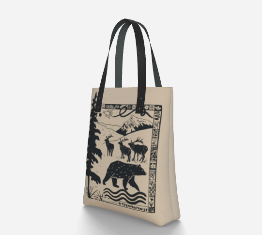 Bear and pine tree tote bag, other side