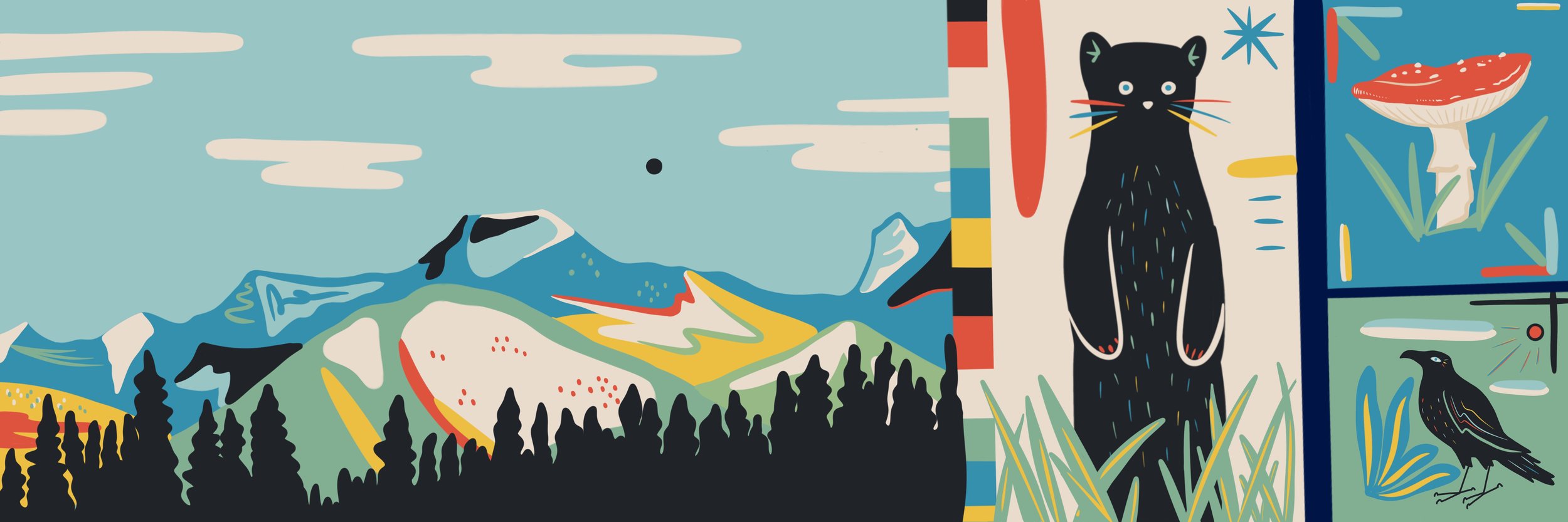 Utility box wrap panel with a bear and Bow Valley mountains, Dead Man's Flats