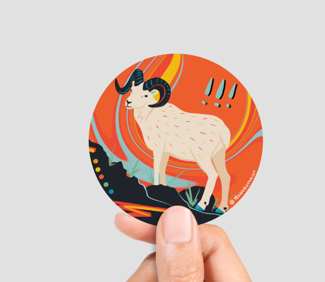 Big Horned Sheep sticker by Teenybotanist, held in a hand