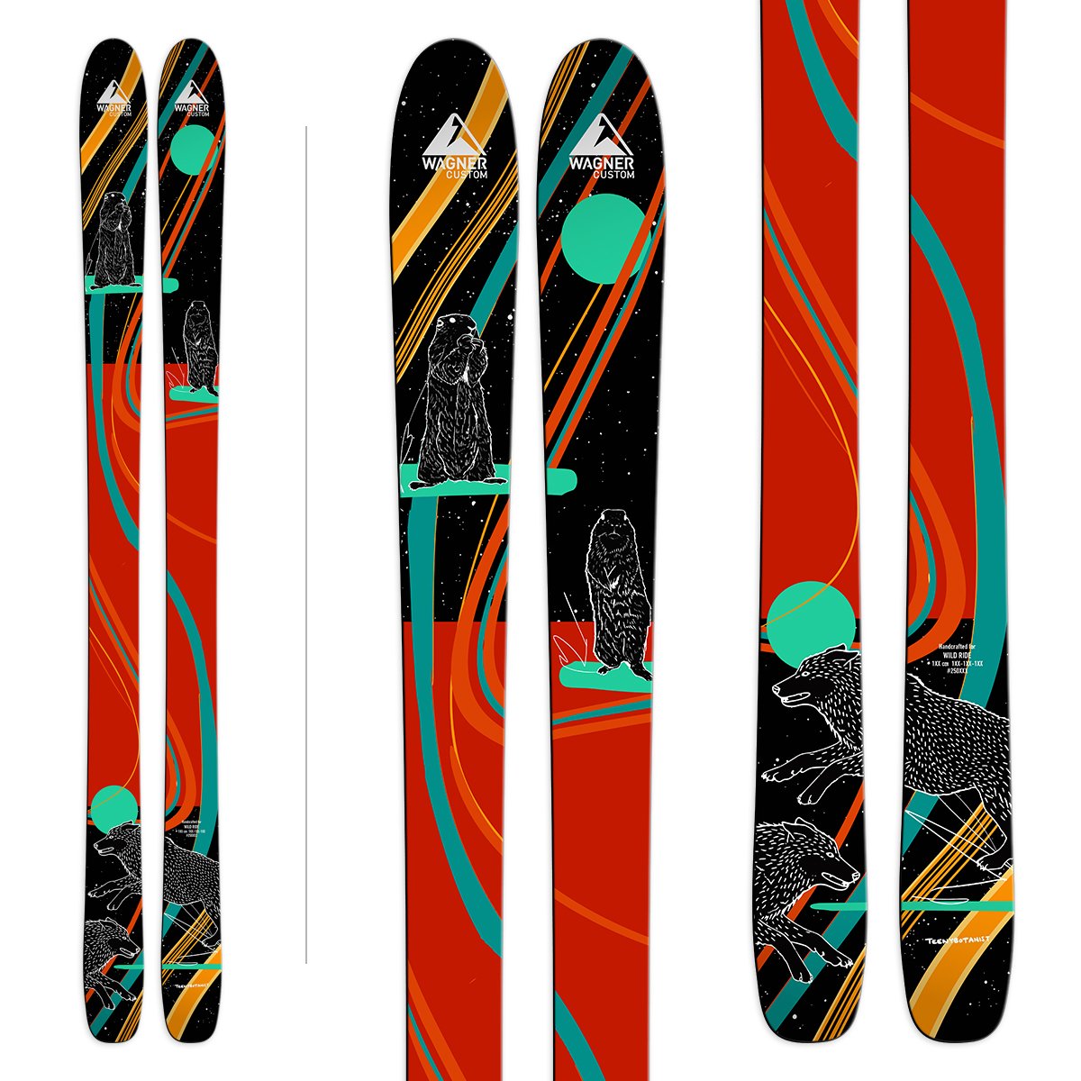The four Wagner Artist Series ski designs side by side