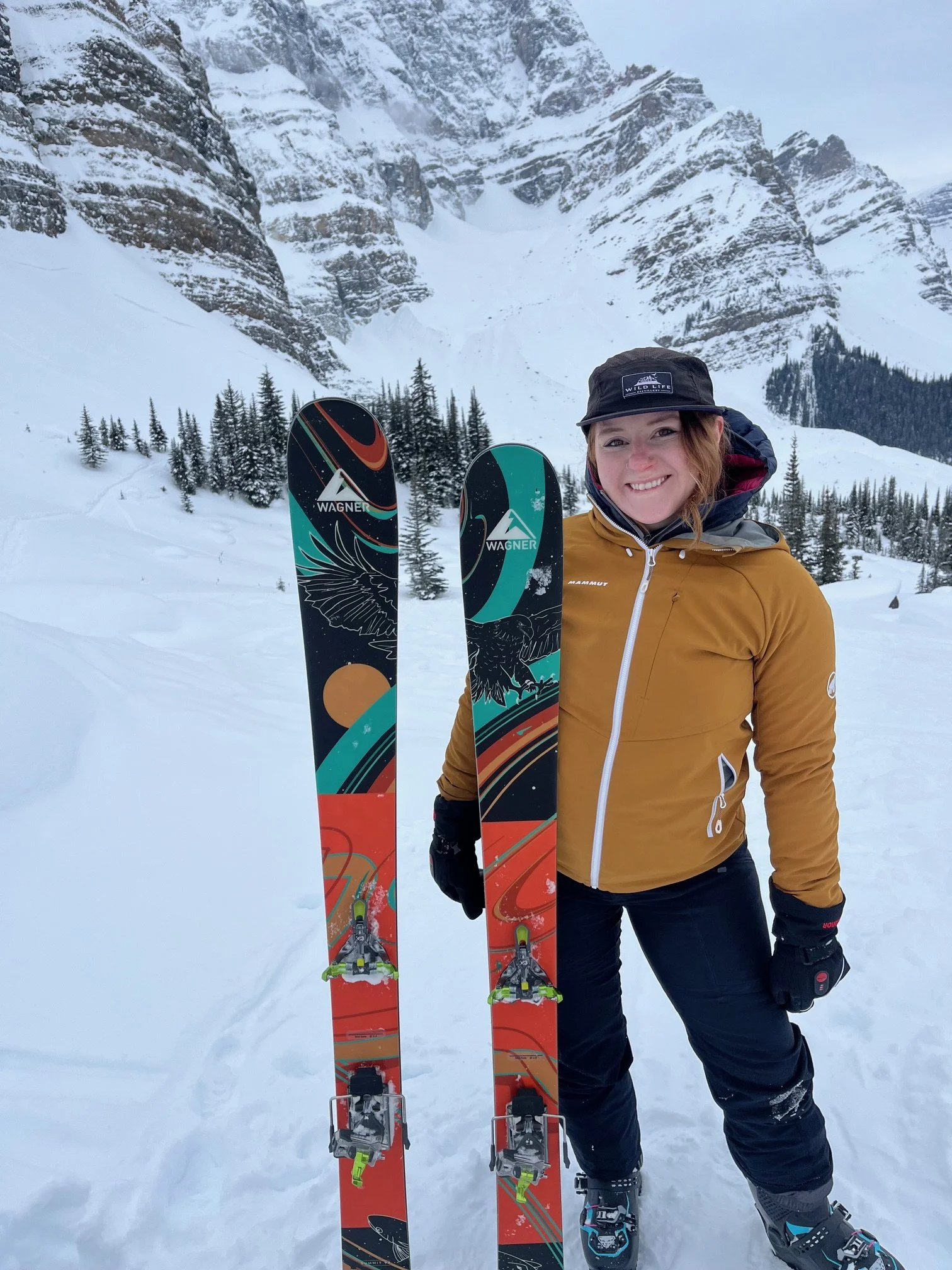 Teenybotanist on a snowy slope with her Wagner skis