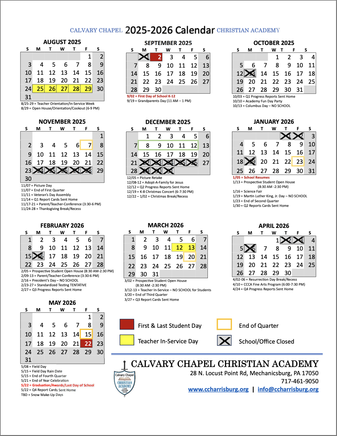 2025-2026 school calendar for Calvary Chapel Christian Academy, showing months from August 2025 to May 2026 with marked events and holidays in different colors, including teacher and student days, breaks, and special events.