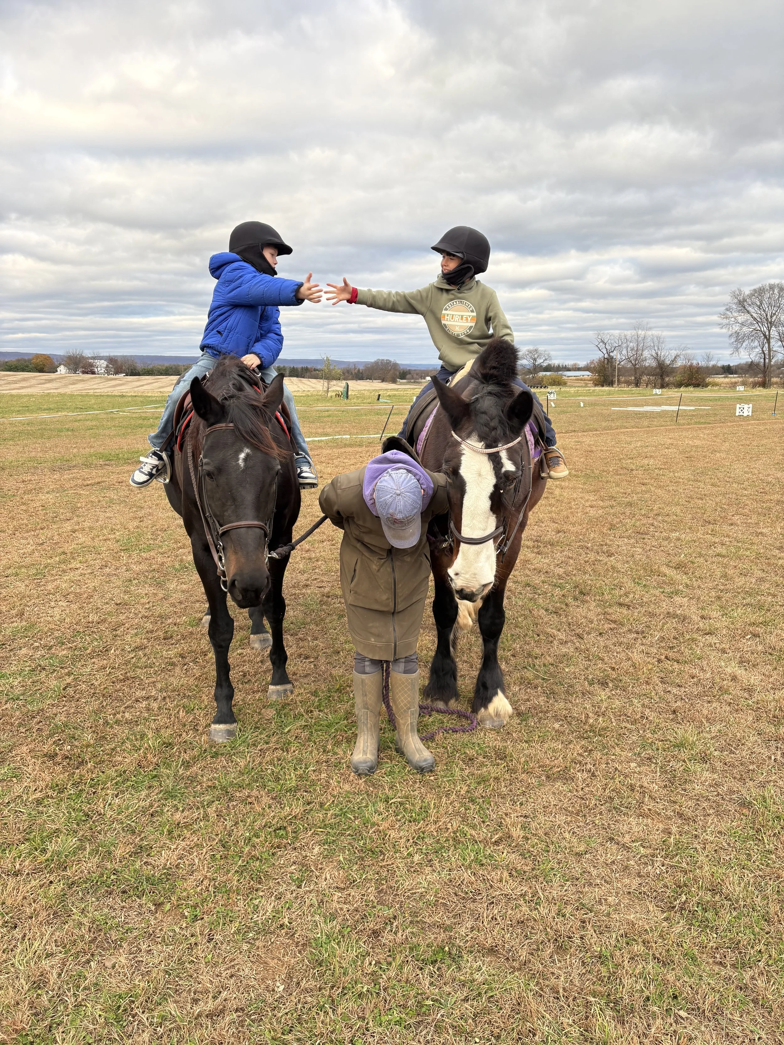 Two children wearing helmets and riding horses in a large open field, one child reaching out to high-five the other.