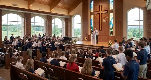 Students gathered for chapel at Christian academy Mechanicsburg PA, Calvary Chapel Christian Academy.