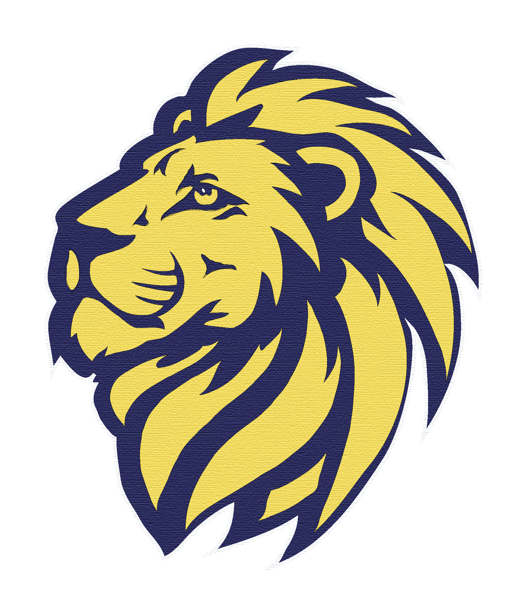 A stylized illustration of a lion's head in yellow and dark blue, facing to the right, with a fierce expression and a flowing mane.
