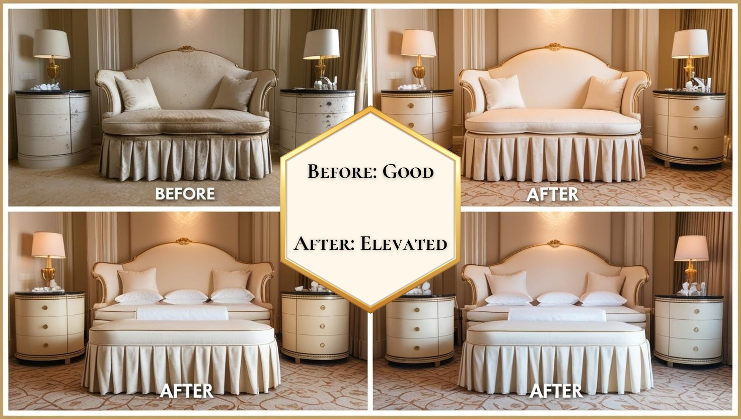 Sequence of a bedroom before and after a facelift, showing a sofa and bedside tables with lamps in before images, and a bed with pillows and a duvet in after images, all in a luxurious, cream-colored decor.