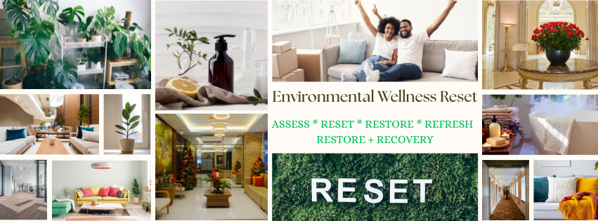 Collage of images including indoor plants, a bottle with lemon slices, happy couple on sofa, flower arrangement on table, cozy living rooms, decorated lobby, and the word 'RESET' on grass background. Promotional material for environmental wellness and self-care.