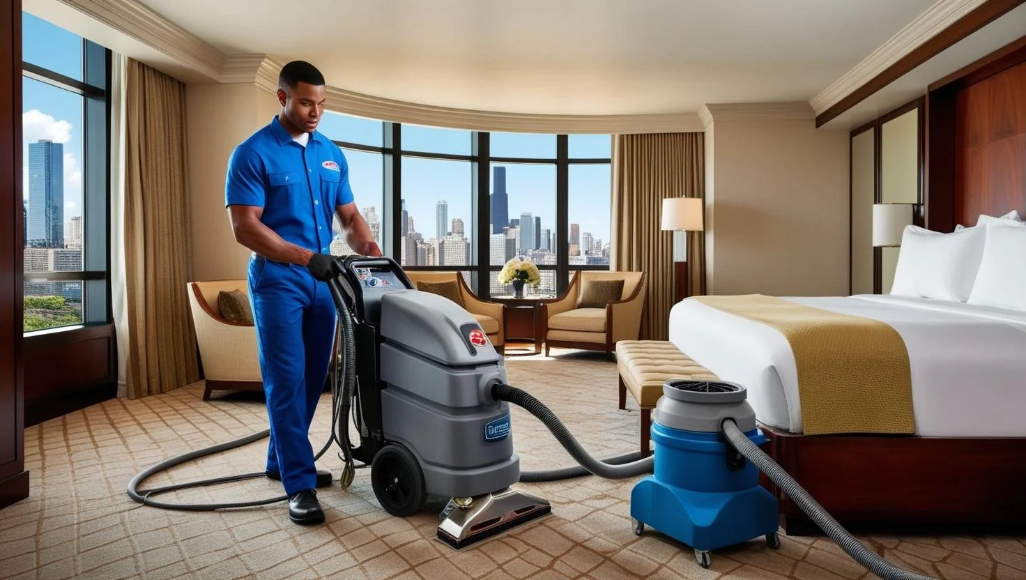 A professional Brown technician using advanced carpet extraction or upholstery cleaning equipment in a Chicago South Loop Hotel-style guest room..jpg