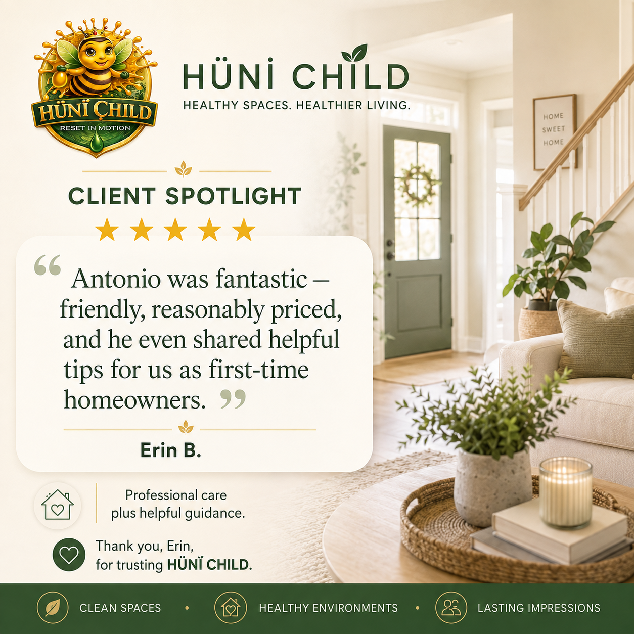 Client spotlight testimonial from Erin B. praising Antonio for friendly, reasonably priced service and helpful tips, with a background of a cozy, well-lit living room with plants and home decor.