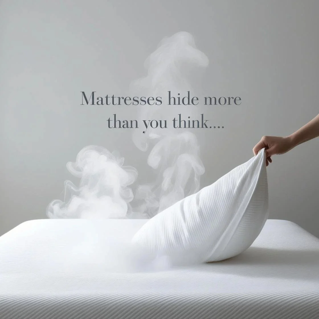 A white bed with a person lifting the corner of the mattress to reveal fog coming out from underneath, with the text "Mattresses hide more than you think..." on the wall behind.