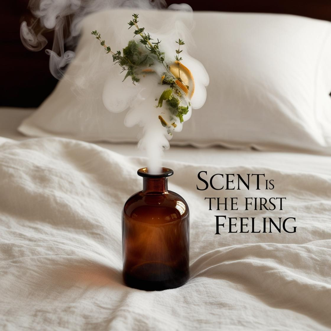 A brown glass bottle with white smoke or vapor and green herbs inside, placed on a white bedsheet with a white pillow in the background, with the text 'SCENT IS THE FIRST FEELING'.