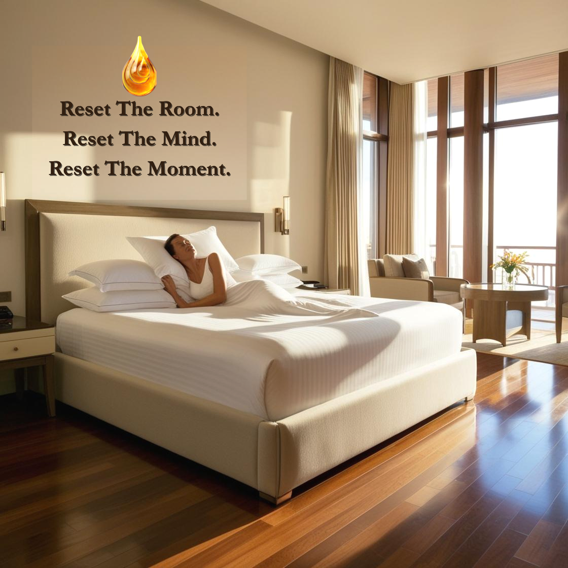 A woman lying in bed in a modern hotel room with large windows, curtains, and a balcony. Wall art with a golden droplet and motivational text about resetting the room, mind, and moment.