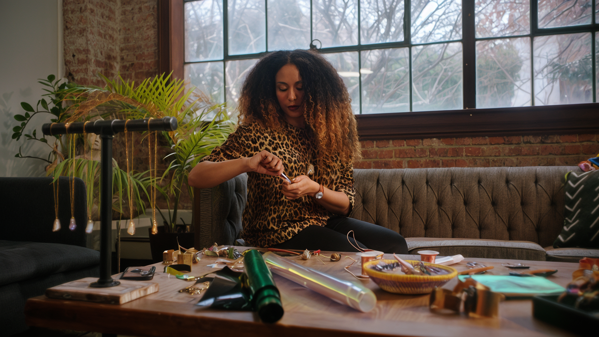 Woman in leopard print top organizing jewelry or crafts on a table in a cozy room with brick walls, large window, and plants.