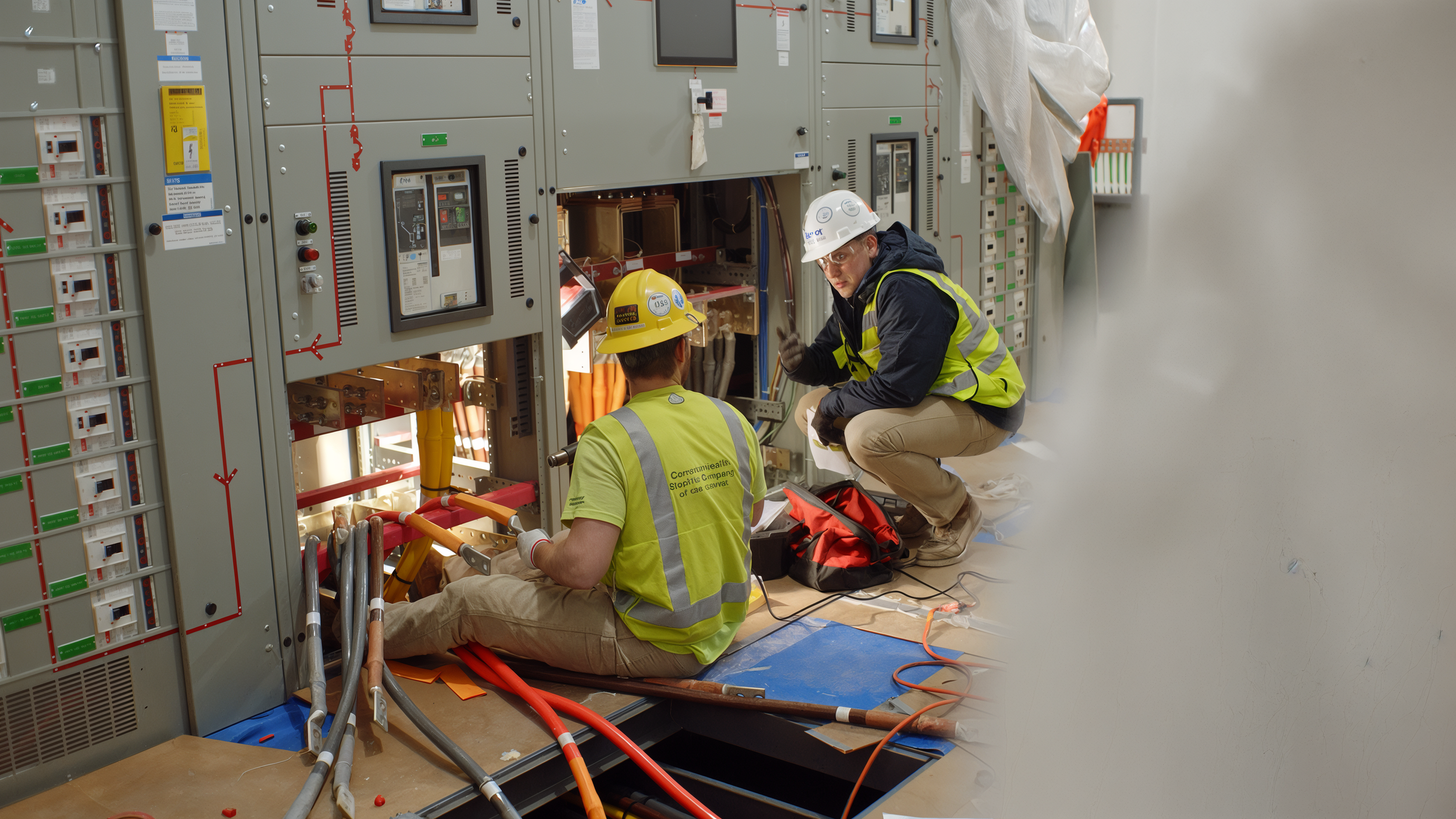 Two electricians working on an electrical panel, one is sitting with tools, wearing a yellow helmet, and the other is crouching wearing a white helmet, in a room with electrical equipment and safety gear.
