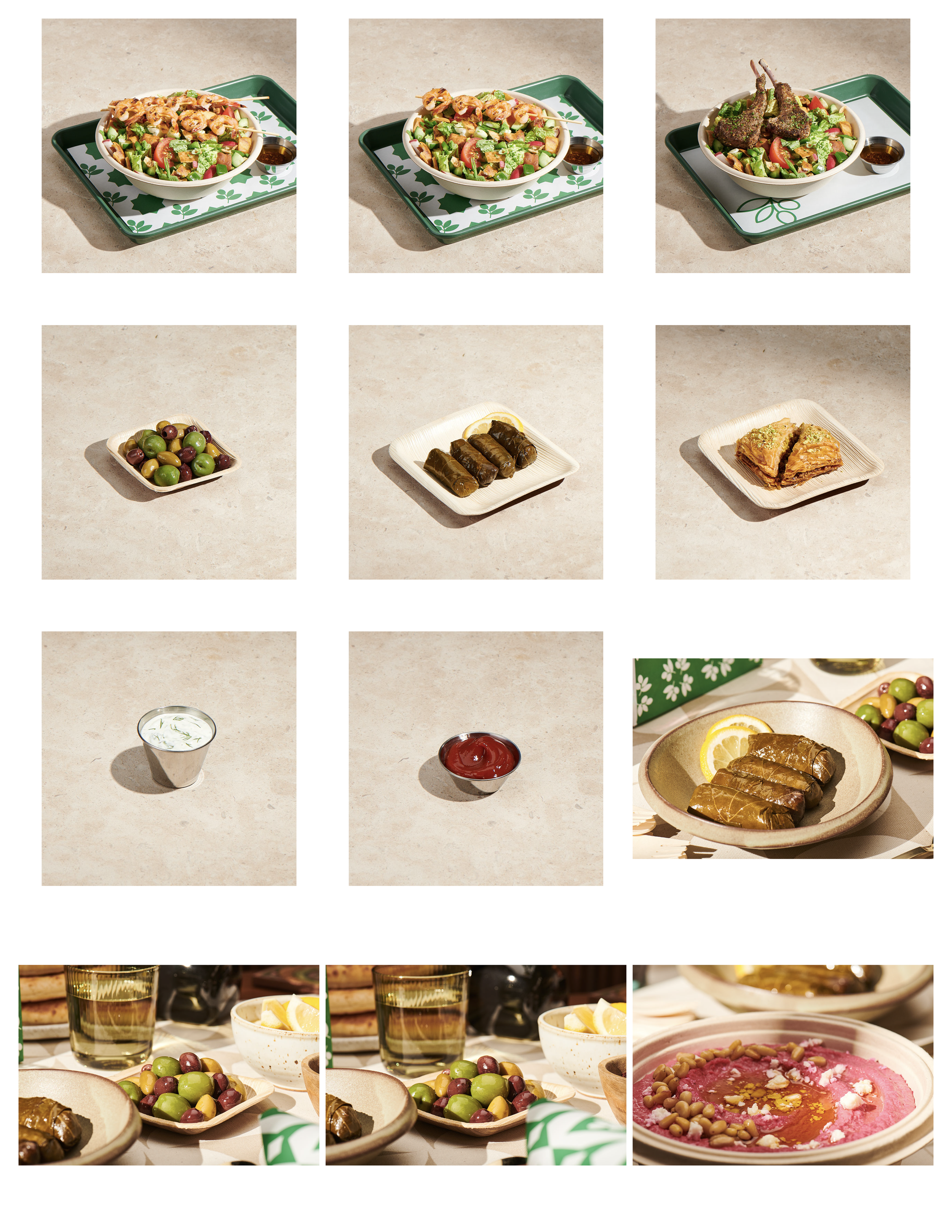 A series of images showing various dishes and beverages on a table. The top row features salads with greens, tomatoes, and garnish, served with dressing on the side, including one with grilled lamb chops. The middle row displays a bowl of olives, a p