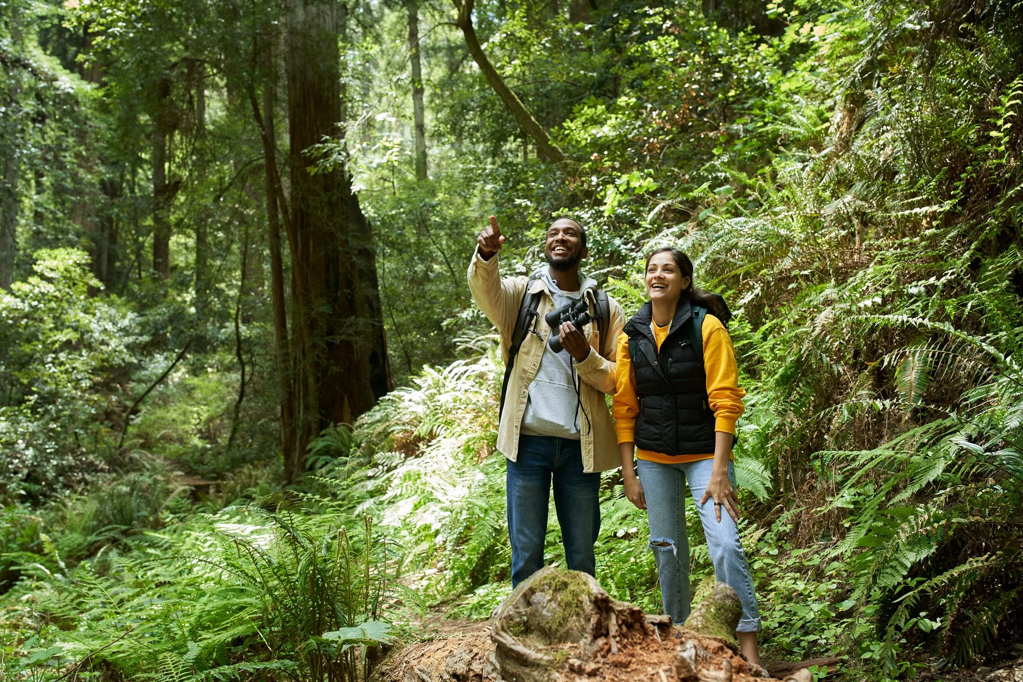 A man and woman with backpacks hiking through a lush green forest, smiling and looking up, with sunlight filtering through the trees.
