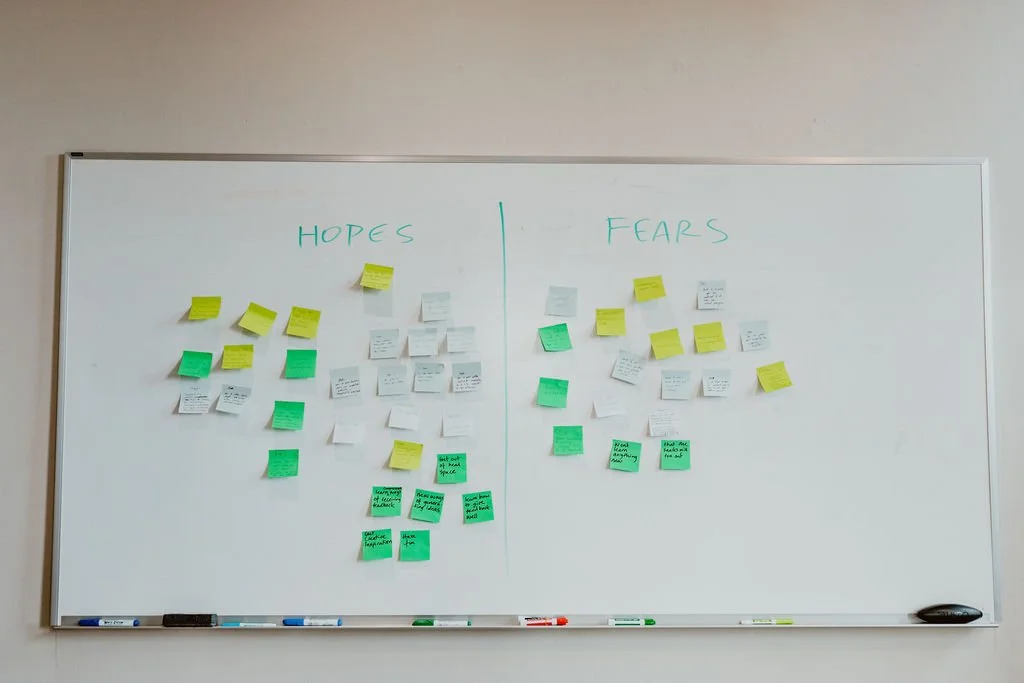 Whiteboard divided into two sections labeled "HOPES" and "FEARS," with multiple colorful sticky notes arranged under each category.