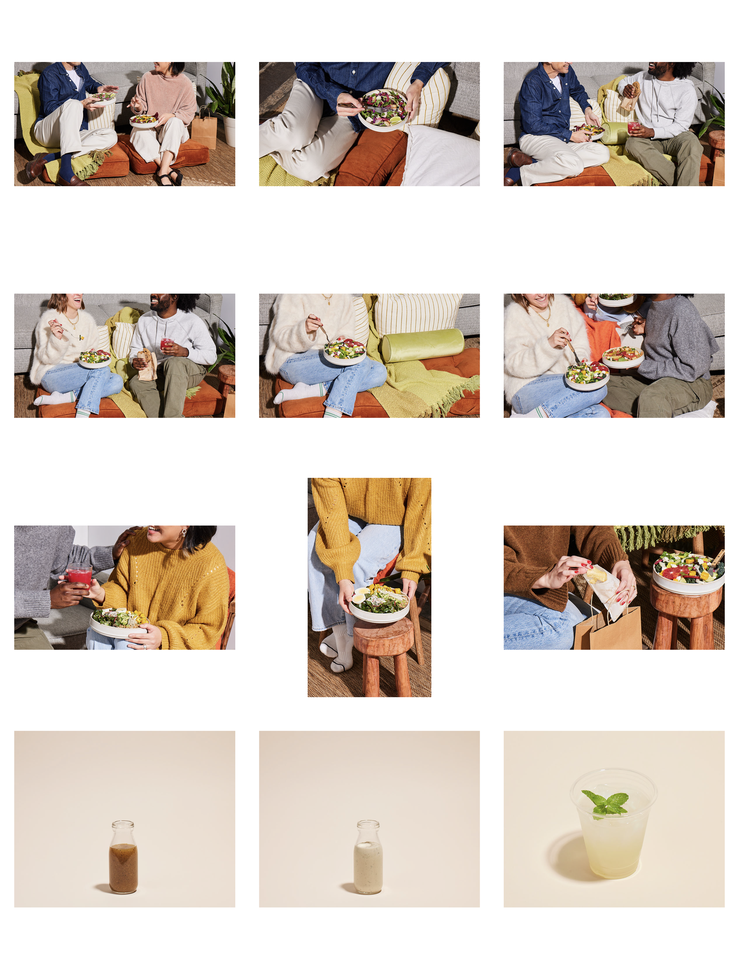 People sitting on a sofa having a conversation, eating salads and drinks, in a cozy indoor setting with plants. Close-up of a sitting person with a salad bowl.
