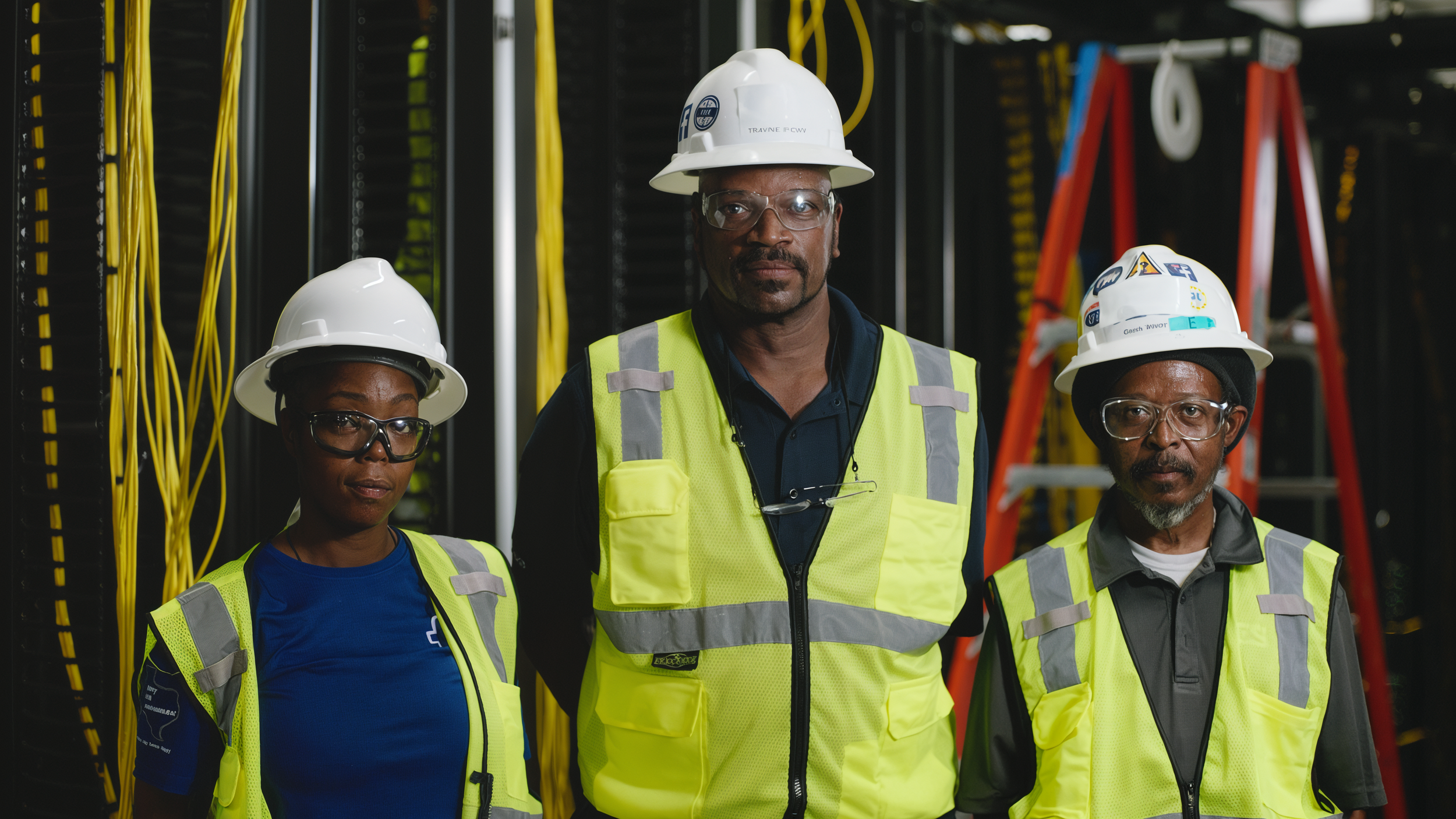 Four diverse network technicians wearing hard hats, safety glasses, and high-visibility vests standing in a server room with organized network cables and equipment.