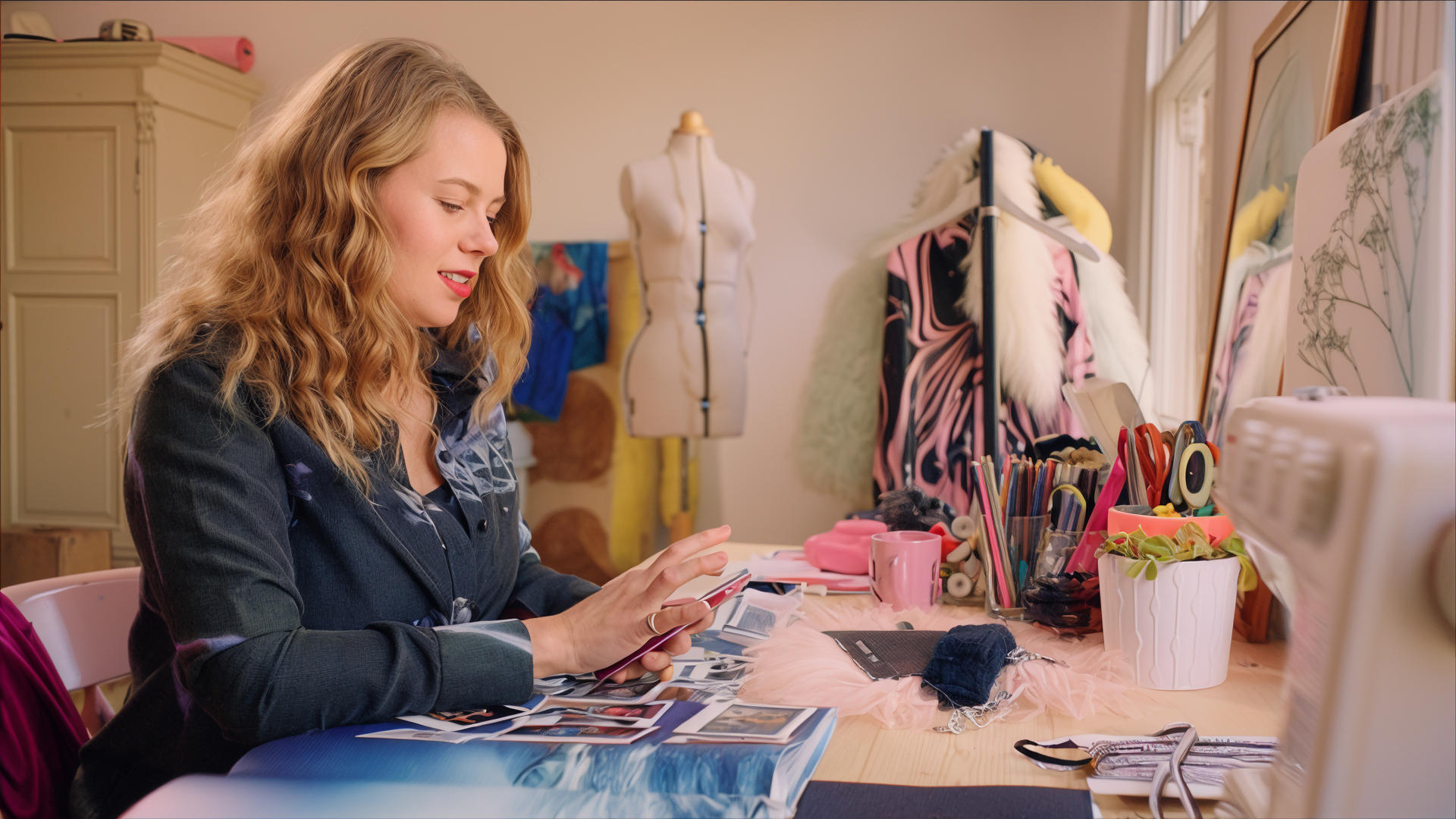 Woman sitting at a desk with fabric swatches and design materials in a room with dress forms and clothing racks.