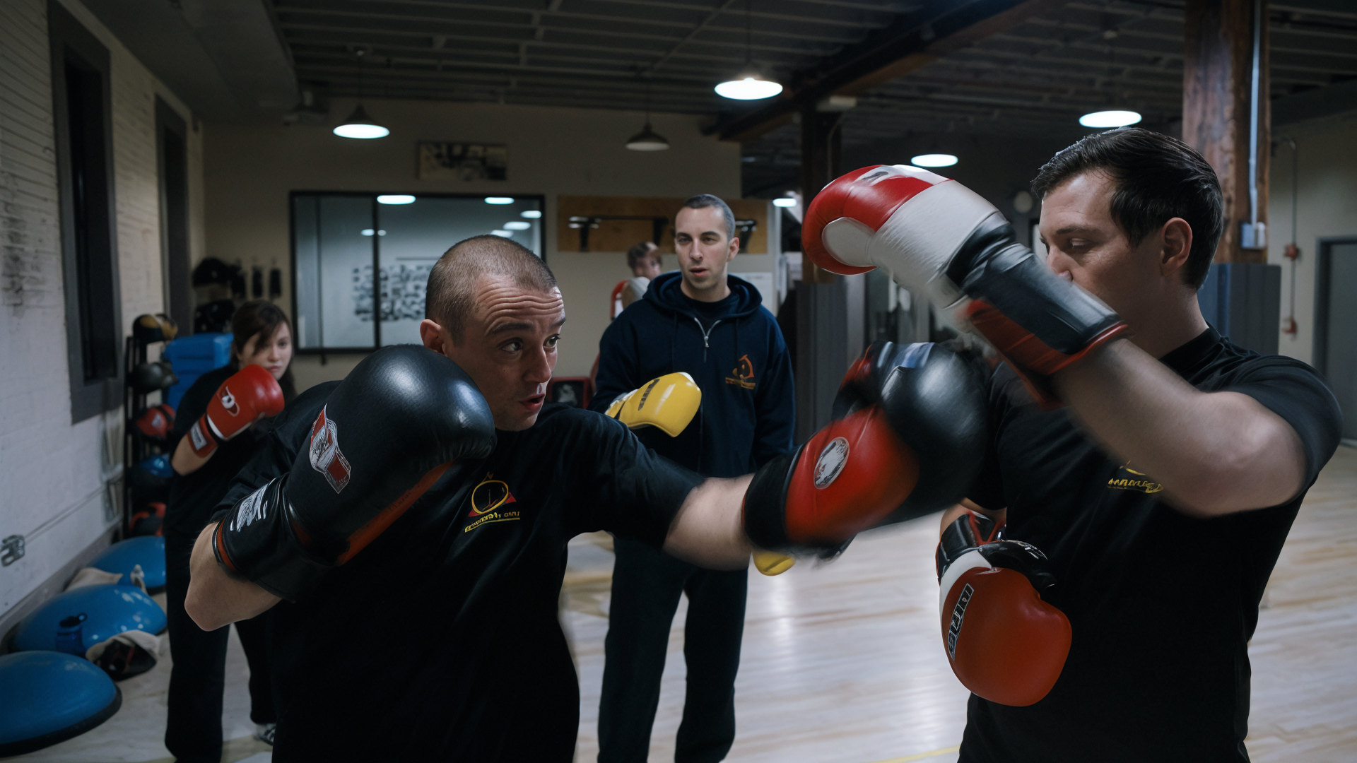 Two men practicing boxing in a gym, sparring with gloves while a coach observes. Two women with boxing gloves and helmets are in the background, with equipment on the wall.